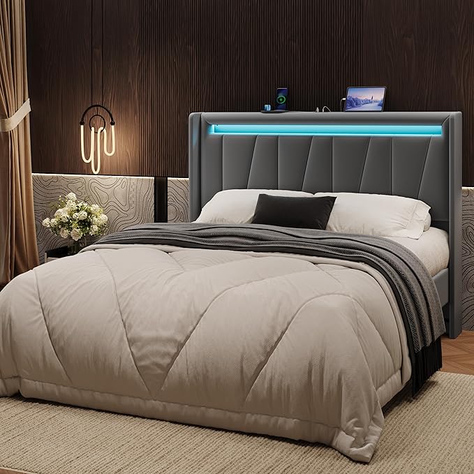 SHA CERLIN Queen Bed Frame with Charging Station and LED Lights, Modern Velvet Platform Bed with Upholstered Geometric Wingback Headboard, No Box Spring Needed, Easy Assembly, Grey