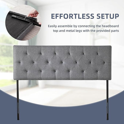 Linen Upholstered Headboard Twin Size, Diamond Tufting Solid Wood Twin XL Headboard Only, Adjustable Height from 37” to 51” Head Board, Dorm Bed Frame or Wall Mount Headboards, Light Grey