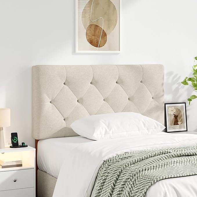 Upholstered Twin Headboard, Twin Headboard Only for Bed Frame from 27”-41”, Adjustable Height Twin XL Headboard with Durable Solid Wood Legs, Fabric Bed Headboard in Modern Button Design, Beige