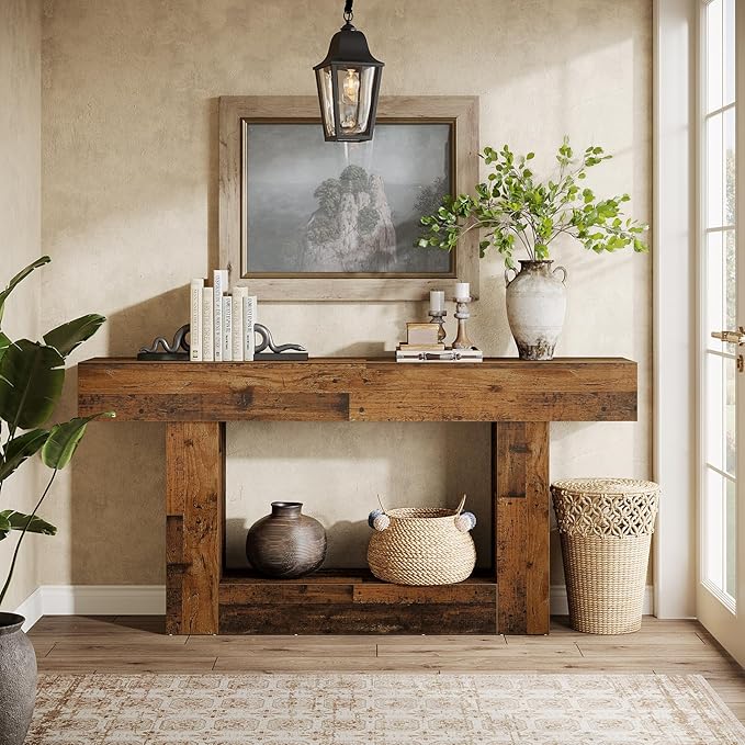 Tribesigns 63-Inch Long Console Table, 2-Tier Entryway Table Sofa Table with Storage, Farmhouse Wood Behind Couch Table for Living Room, Hallway, Rustic Mixed Brown