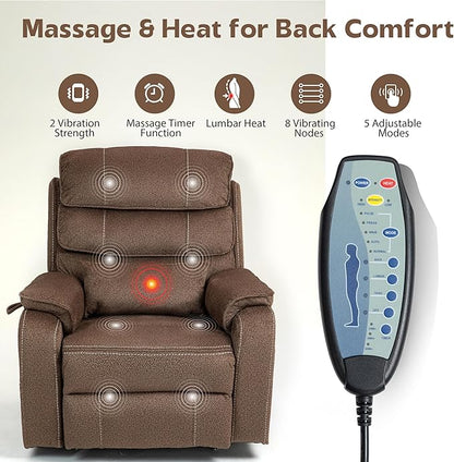Power Lift Recliners Chairs for Elderly Adults Lay Flat Recliner with Heat & Massage, Wireless Charging Device, USB Ports, Cup Holder, Lumbar Pillow, 400Lbs (Grainy Fibric,Caramel Brown)