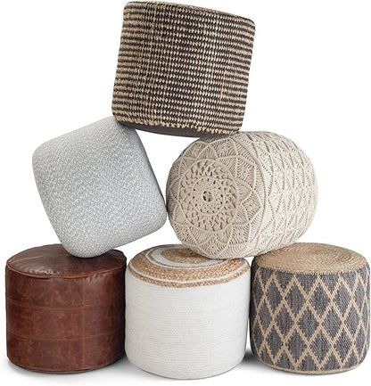 SIMPLIHOME Connor Round Pouf - 18 inch Wide Upholstered Genuine Leather Ottoman in Distressed Brown, Boho Footstool or Extra Seating for Living Room or Bedroom with Polystyrene Filling, Assembled