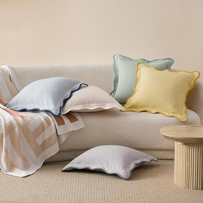 Double Stitch Scalloped Throw Pillow Covers - 100% Cotton Decorative Boho Pillow Covers 18 x 18, Made in India, Square Cushion Case, Modern Home Decor for Couch Sofa Living Room, Oat Milk