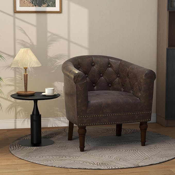 Lumibee Faux Leather Barrel Chairs, Upholstered Accent Chairs Set of 4 for Living Room, Modern Comfy Club Armchairs for Office, Bedroom, Waiting Room-Chocolate