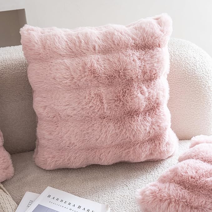 Neelvin Pink Faux Fur Cozy Soft Double-Sided Decorative Throw Pillow Covers 24x24 inch Set of 2,Velvet Pillowcase Cushion Case for Sofa Couch