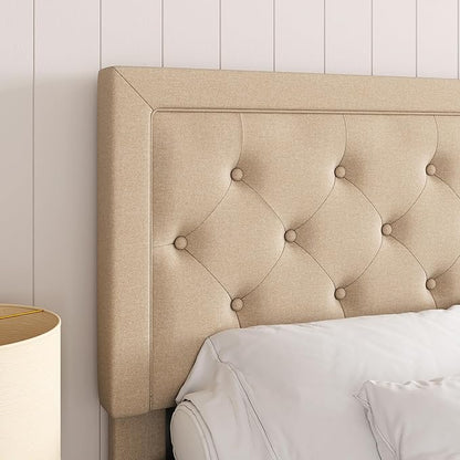 Allewie King Size Fabric Upholstered Bed Frame with Diamond Button Tufted/Adjustable Headboard/Wood Slat Support/Mattress Foundation/Beige