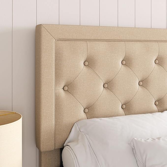 Allewie Queen Size Button Tufted/Fabric Upholstered Bed Frame with Adjustable Headboard/Wood Slat Support/Mattress Foundation/Beige