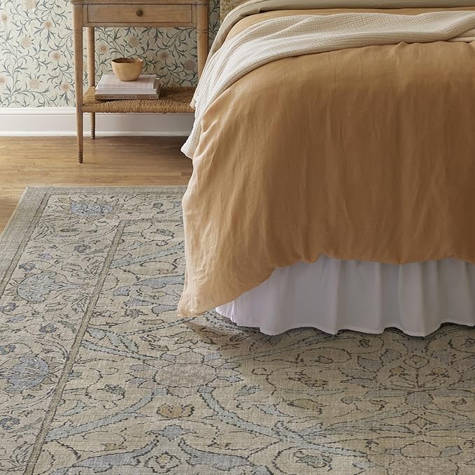 RUGGABLE x Morris & Co Washable Area Rug – Montreal Natural Blue 8x10, Stain-Resistant, Non-Slip – Large Machine Washable Rugs for Living Room, Bedroom, Hallway, Entryway & Office–with Cushioned Pad