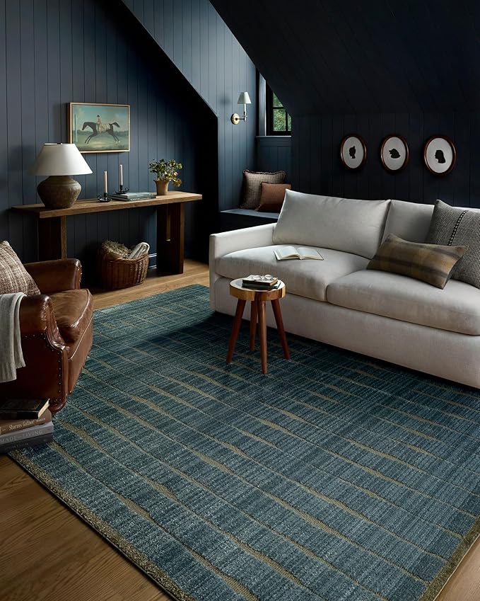 Loloi Chris Loves Julia Calvin Collection CLV-02 Ocean/Olive 7'-10" x 7'-10" Round Area Rug Checkered Neutral Soft Living Room Bedroom Carpet