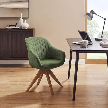 Zouron Mid Century Modern Accent Chair with Wooden Legs, Swivel Desk Chair No Wheels, Upholstered Side Armchair Vanity Chair for Small Space Home Office Living Room Bedroom, Green