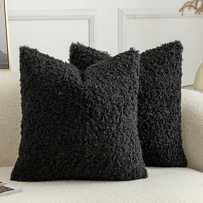 Pack of 2 Curly Teddy Wool Faux Fur Throw Pillow Covers Fuzzy Accent Soft Sherpa Pillowcases Sheepskin Fleece Decorative Cushion Case for Sofa Couch Living Room 18x18 Inch Black