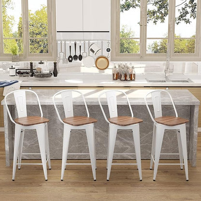 Aklaus Swivel Metal Bar Stools with Backs Counter Stools Set of 4 Counter Height Stools High Back Bar Chairs 24 Inch Barstools Farmhouse White Cream