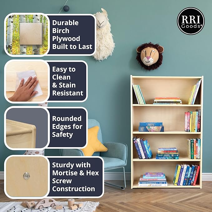 Child Three-Shelf Bookcase, 35.5”H x 24”W x 11.5”D Sturdy Birch Plywood Shelves for Daycare Storage of Books, Toys, Supplies, Smooth Natural Wood (36")