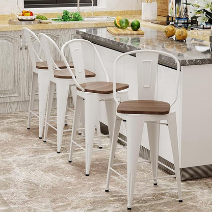 Aklaus Swivel Metal Bar Stools with Backs Counter Stools Set of 4 Counter Height Stools High Back Bar Chairs 24 Inch Barstools Farmhouse White Cream