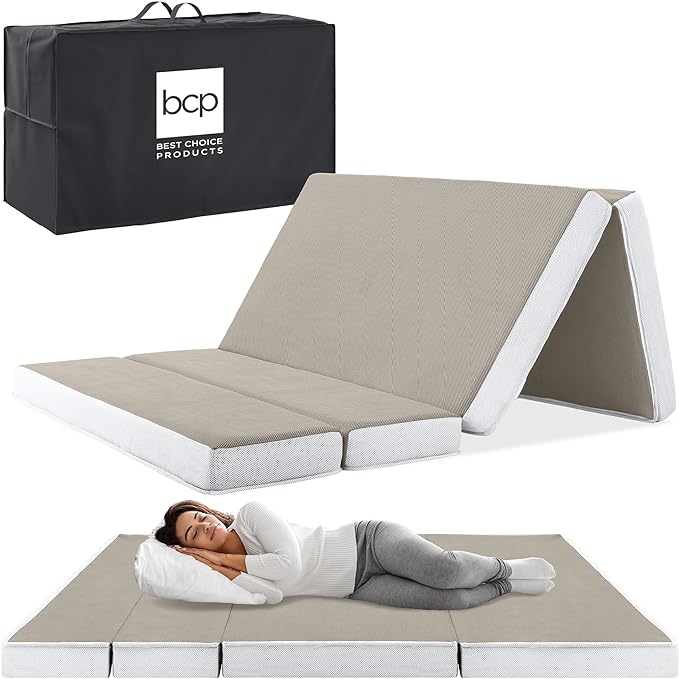 Best Choice Products 4in Portable Full-Size Mattress, Tri-Fold Mattress for Camping, Guest, Toddler, Foam Plush w/Carry Case - Taupe