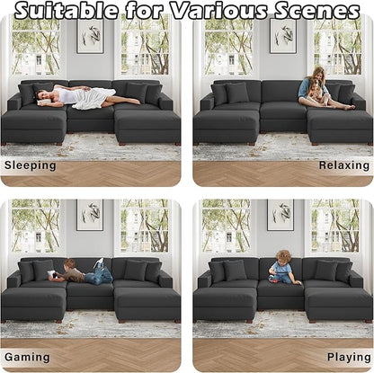 Modular Sectional Couches for Living Room, 118" Modern Upholstered Sofa Couche with Ottoman for Living Room Bedroom, Grey
