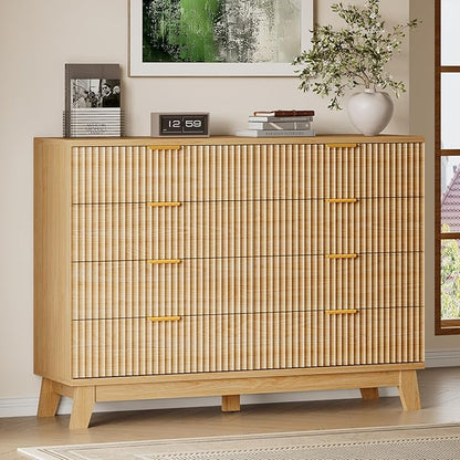 53" Tall Dresser for Bedroom, 8-Drawer Fluted Chest of Drawers, Modern Wood Highboy with Metal Slides and Handles, Anti-Tip Kit, Vertical Clothes Storage Organizer for Apartment, Closet