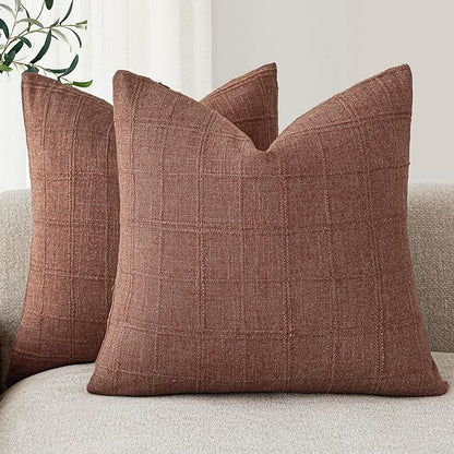 Foindtower Set of 2 Decorative Linen Check Throw Pillow Covers Neutral Farmhouse Vintage Cushion Covers Modern Boho Home Decor for Sofa Chair Couch Bedroom Living Room,16×16 Inch,Autumnal Red