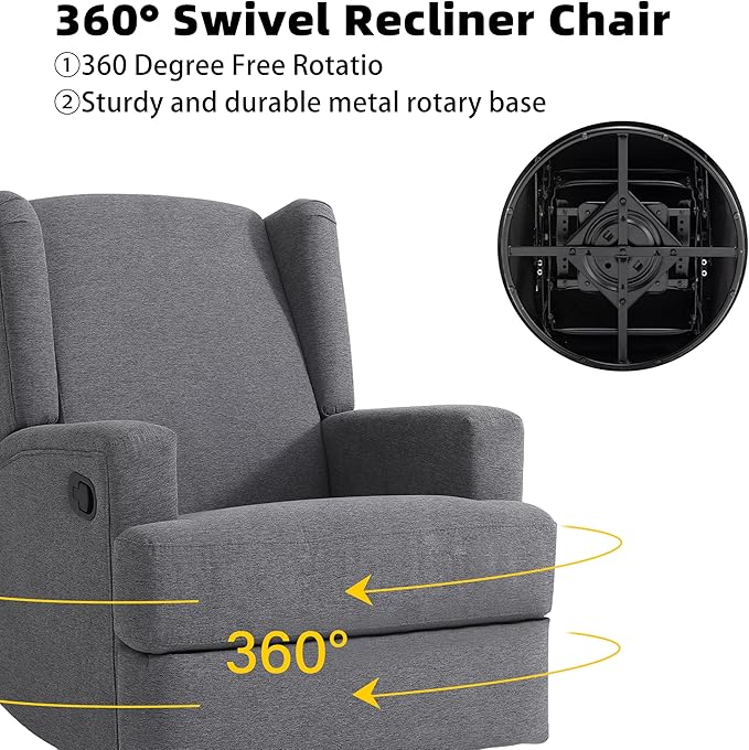 Swivel Glider Recliner Chairs Set of 2 for Adults - High Back Rocker Recliners with Deep Seat, Comfortable & Quiet Upholstered Fabric Armchairs for Living Room or Nursery, Manual Reclining-Gray