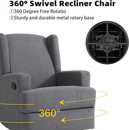 Swivel Glider Recliner Chairs Set of 2 for Adults - High Back Rocker Recliners with Deep Seat, Comfortable & Quiet Upholstered Fabric Armchairs for Living Room or Nursery, Manual Reclining-Gray