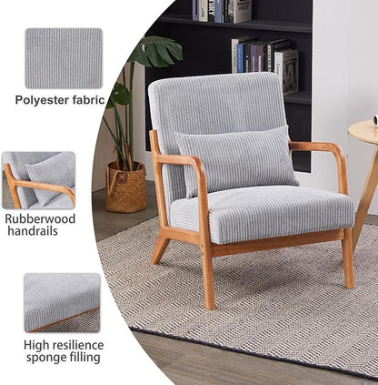 Accent Chairs, Mid-Century Modern Chair with Pillow, Armchair with Solid Wood, Reading Relaxing Leisure Chair for Living Room（Light Grey）