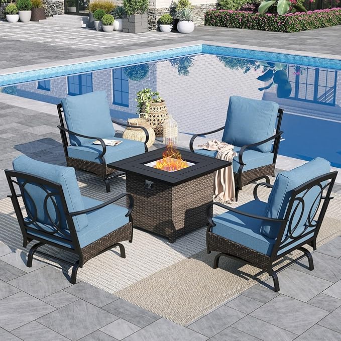 Sophia & William Patio Furniture Set with Fire Pit Table, 5 PCS Metal Outdoor Conversation Set Sofa Couch with Fire Pit Table, 4 Sofa Chairs for Outdoor Seating,Backyard,Porch(Navy)