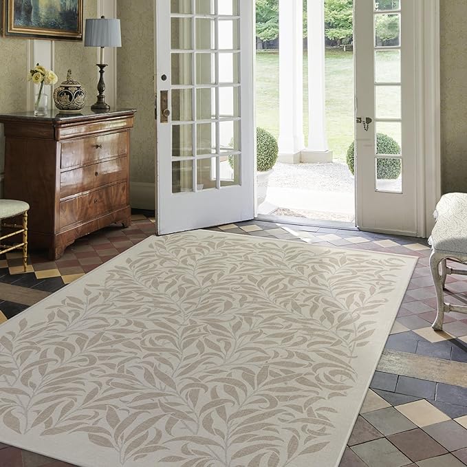 RUGGABLE x Morris & Co Washable Area Rug– Pure Willow Boughs Natural 6x9, Stain-Resistant, Non-Slip–Medium Machine Washable Rugs for Living Room, Bedroom, Hallway, Entryway & Office–with Standard Pad