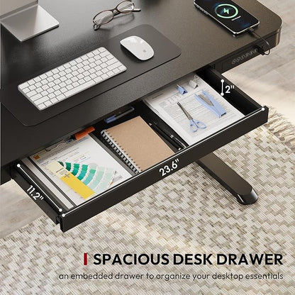 Standing Desk with Drawer, Electric Height Adjustable Home Office Desk with Storage & USB Ports, 48 inch Black Wood Tabletop/White Frame