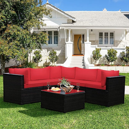 Tangkula 6 Pieces Patio Furniture Set, Outdoor Rattan Sofa Set, Wicker Conversation Set w/Tempered Glass Coffee Table & Cushions, Sectional Sofa Set for Backyard, Garden, Balcony, Poolside (Red)