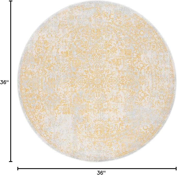 SAFAVIEH Evoke Collection Area Rug - 3' Round, Ivory & Gold, Distressed Design, Non-Shedding & Easy to Clean, Ideal for Foyer, Bedroom, Accent Space (EVK256B)
