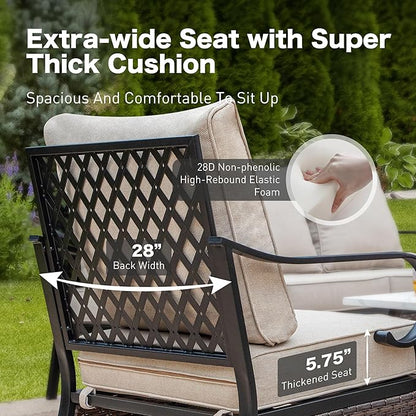 5 Piece Metal Outdoor Patio Furniture Set, Patio Conversation Sets, Outdoor Seating Furniture 3-Seater Sofa, 2 Leg Chair and 2 Swivel Chair with 5.75" Cushion for Backyard Deck, Beige