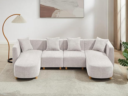 VANOMi 113" Sectional Sofa with 4 Pillows, U-Shaped 4-Seater Comfy Boucle Cloud Couch, Modern Double Chaises Lounge Sofas for Living Room, Office, Apartment (Light Khaki-U)