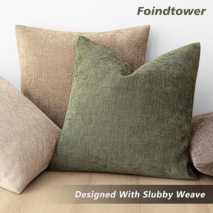 Foindtower Pack of 2 Soft Textured Chenille Throw Decorative Pillow Covers Square Accent Solid Cushion Cover Cozy Neutral Farmhouse Pillow Case for Couch Sofa Bedroom Living Room 16x16 Inch,Dark Green