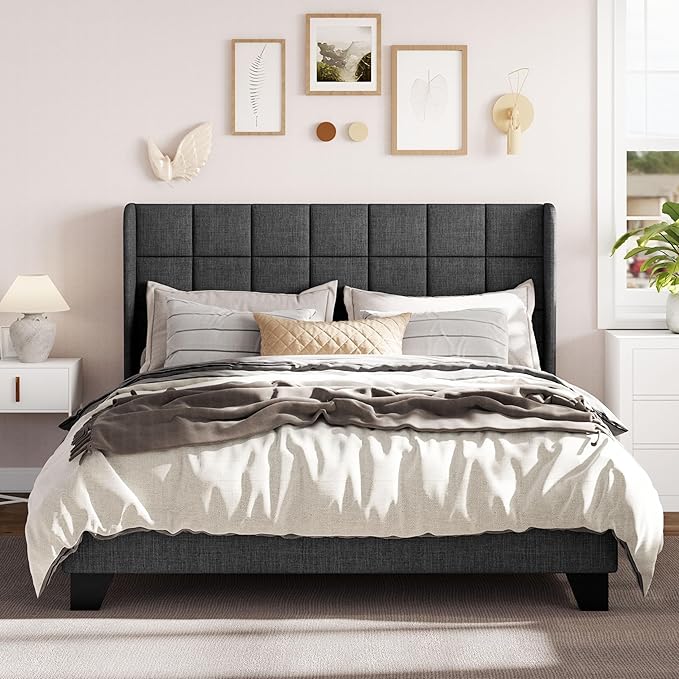 Allewie Queen Size Platform Bed Frame with Wingback, Fabric Upholstered Square Stitched Headboard and Wooden Slats, Mattress Foundation, Box Spring Optional, Easy Assembly, Dark Grey