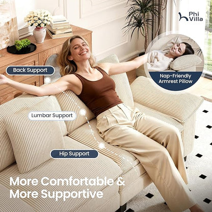 PHI VILLA Indoor Lounge Sofa Chair, One-Person Oversized Sectional Sofa with Ottoman, Single Chaise with Upholstered Deep Seat for Bedroom Reading, Corduroy Fabric, Beige