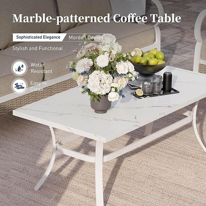 6 PCS Metal Outdoor Patio Furniture Set, Patio Conversations Sets 3-Seater Sofa, 2-Seater Sofa, 2 Rocking Chair with 5.75" Thick Cushion & Coffee Table White Backyard Furniture, Beige
