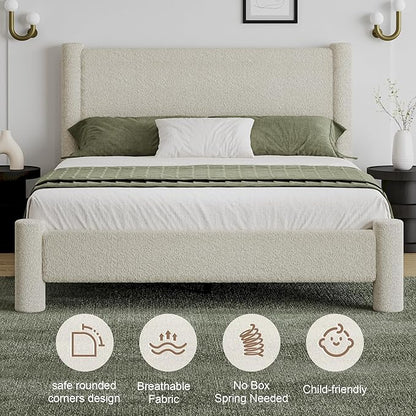 Full Size Bed Frame, Boucle Upholstered Platform Bed with Headboard and Footboard, Soft Rounded Corners, No Box Spring Required, Easy Assembly, Cream