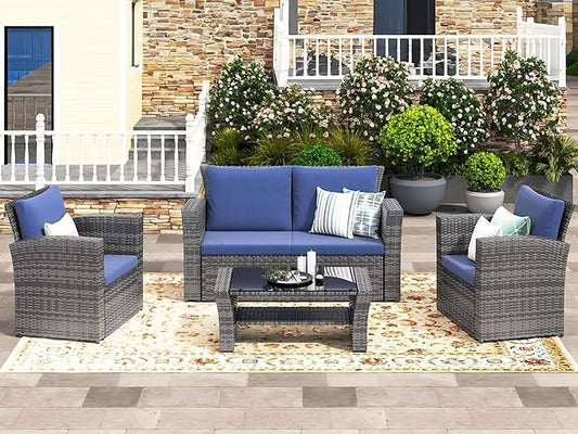 Wisteria Lane 4 Piece Patio Furniture Set, Wicker Outdoor Patio Conversation Furniture Set, All Weather Outdoor Patio Sofa with Cushion and Glass Table, Dark Blue