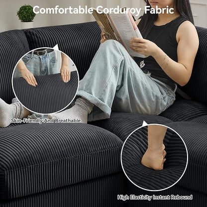 87'' V-Shaped Sectional Sofa Couch, 5-Seater Modular Couches for Living Room, Corduroy Deep Seat Cloud Sofa with Center Stitched, Black