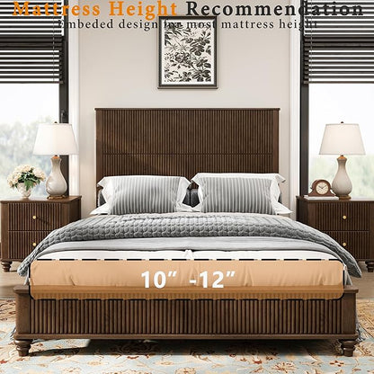 Queen Size Solid Wood Platform Bed Frame, Solid Wood Bed with 63.58" Headboard, Solid Wood Leg/No Box Spring Needed/Noise Free/Brown
