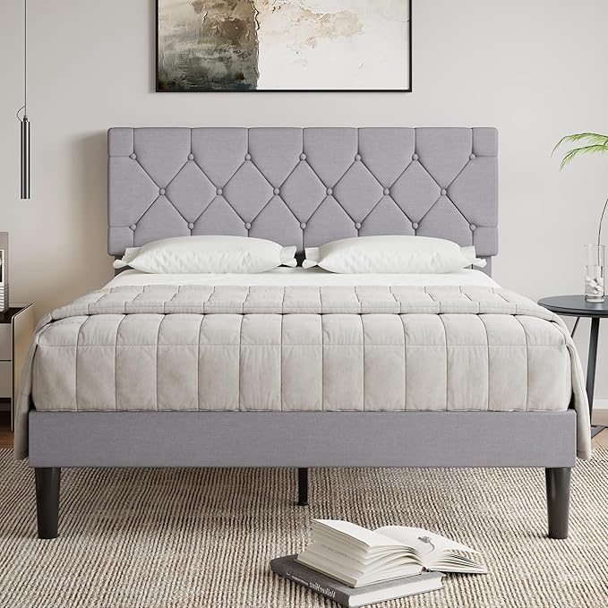 VECELO Full Bed Frame with Headboard, Upholstered Platform Bedframe with Wooden Slat Support, Button Tufted Design, No Box Spring Needed, Linen Grey