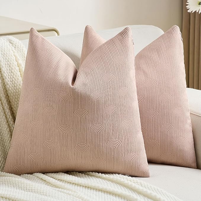 FUTEI Pink Chenille Decorative Throw Pillow Covers 24x24 Inch Set of 2,Soft Cozy Striped Geometric Patterns European Cushion Case,Modern Home Decor for Couch Bed Living Room