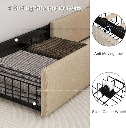 Queen Size Upholstered Platform Bed Frame with 4 Storage Drawers and Charging Station, Linen Button Tufted Wingback Headboard, Sturdy Wooden Support Slats, No Box Spring Needed, Beige