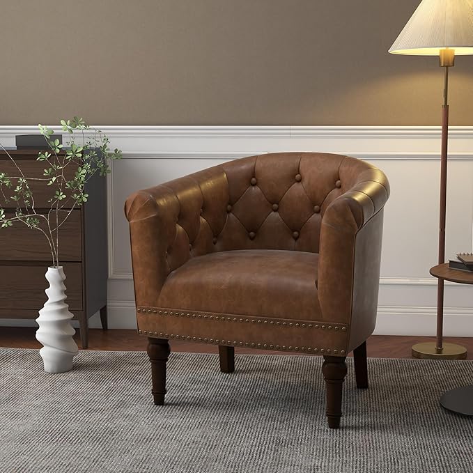 Lumibee Faux Leather Barrel Chairs, Upholstered Accent Chairs Set of 2 for Living Room, Modern Comfy Club Armchairs for Office, Bedroom, Waiting Room-Brown