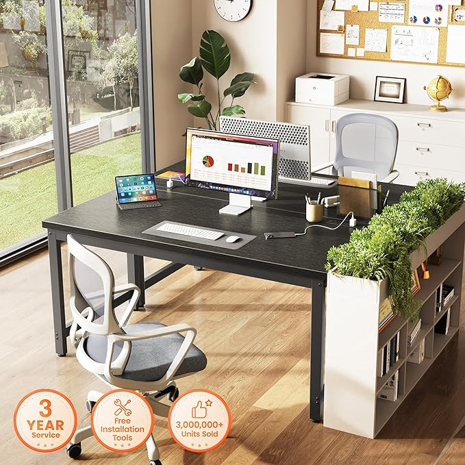 Huuger 55 x 24 inch Desk with Power Outlets & USB-C, Deeper & Thicker Desktop, Robust Metal Tubes, Computer Desk, Heavy Duty Office Desk, Work Gaming Desk for Home Office, Black