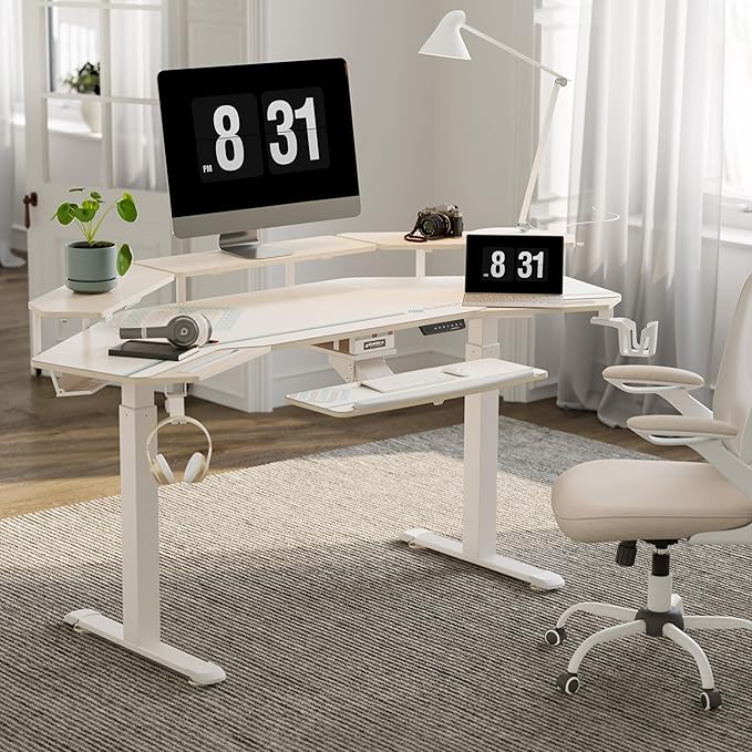 EUREKA ERGONOMIC Standing Desk with Keyboard Tray, Large Music Studio Gaming Desk, Wing Shaped Sit Stand Table 72'', LED Convertible Shelves, Dual Motor&Slot, Maple