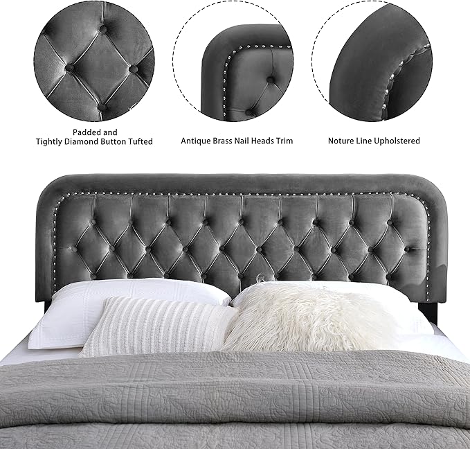 Tufted Upholstered Headboard,Button Solid Wood HeadBoards with Adjustable Height,Modern Performance Velvet Bed Head Boards,Easy Install&Nailhead (Gray, Twin)