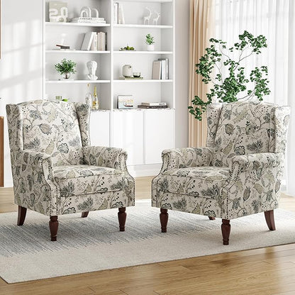 Pia Ricco Set of 2 Floral Accent Chairs, High Back Upholstered Armchairs with Retro Wingback Design, Nailhead Trim & Solid Wood Legs for Living Room Bedroom(Plants Beige)