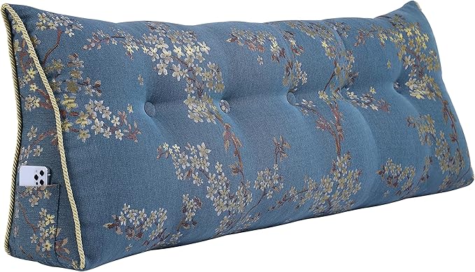 WOWMAX Large Bolster Triangular Headboard Backrest Positioning Support Reading Wedge Pillow for Day Bed Bunk Bed Removable Cover California King Lake Blue