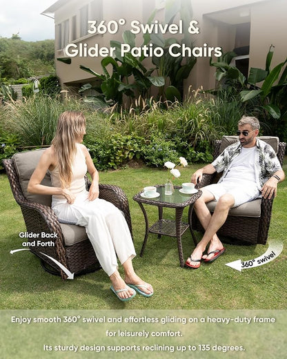 7-Piece Outdoor Wicker Patio Furniture Set with Swivel Glider Chairs, 3-Seat Sofa, Coffee Table & Ottomans 5” Olefin Cushions Ergonomic Neck-Lumbar Backrest All-Weather Rattan for Garden, Deck, Porch